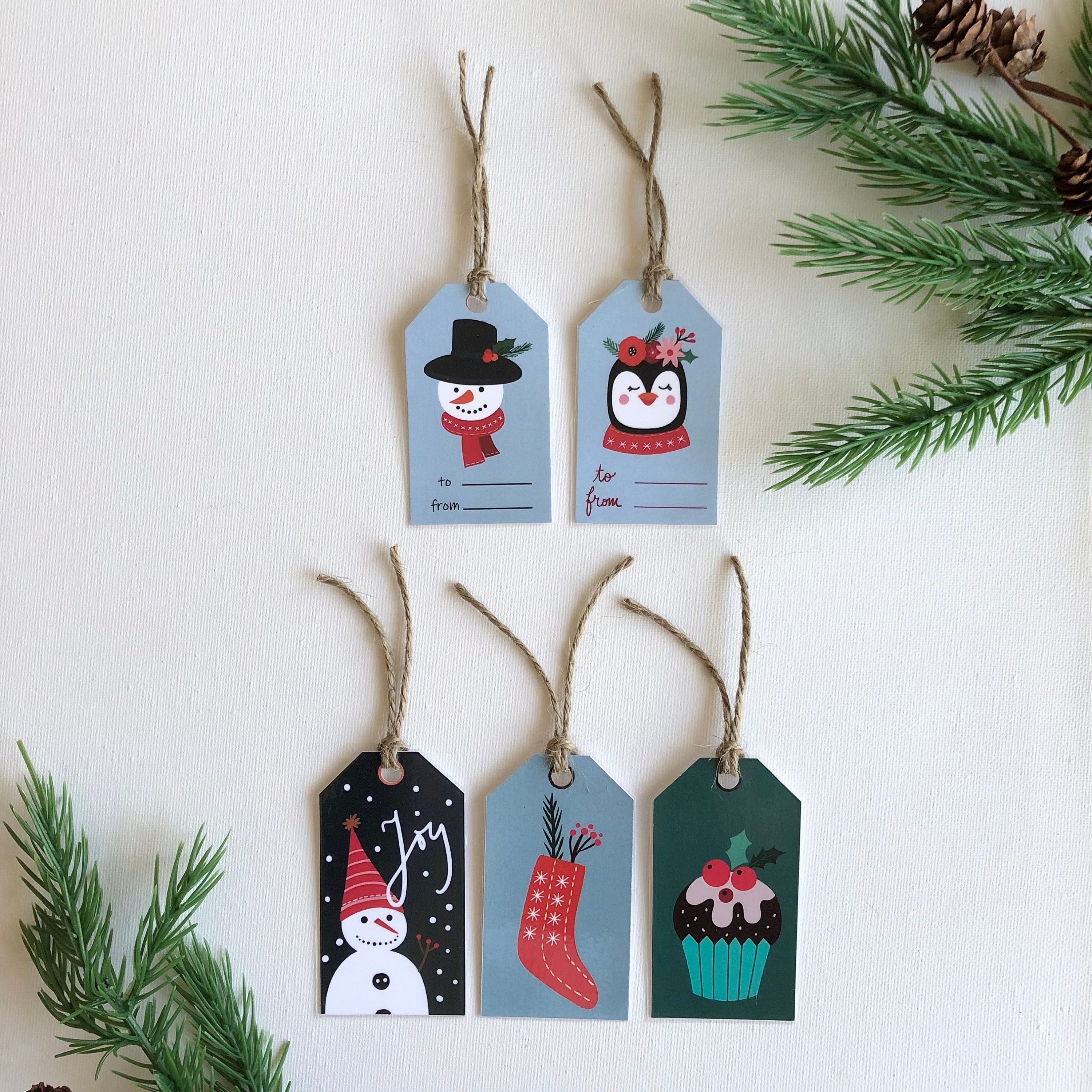 Set of 5 Christmas Tags. Laminated Name Tags for Christmas Presents, Gifts,  Stocking Stuffers. Tags With Snowman, Cupcake, Stocking, Penguin 