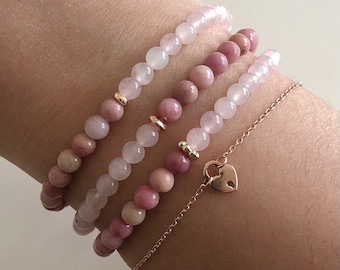 Bracelet perles pierres minérales naturelles 8mm rhodonite quartz rose  chagrin bessures émotionnelles bijou artisanat fait main
