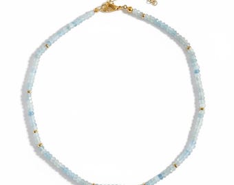 Adjustable Natural Aquamarine, Faceted Rondelle Aquamarine  with Gold Necklace