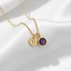 May include: A gold-toned necklace featuring a delicate chain with two small charms. One charm is a circular gold disc engraved with the letter V, and the other is a round, bezel-set purple gemstone pendant. The jewellery has a polished finish.