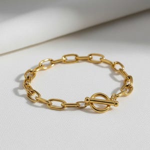 Könnte beinhalten: Ein goldfarbenes Kettenarmband mit einer Reihe polierter ovaler Glieder, die durch einen Knebelverschluss verbunden sind. Der Verschluss besteht aus einem kreisförmigen Ring und einem Querstab, der durch den Ring geschoben wird.