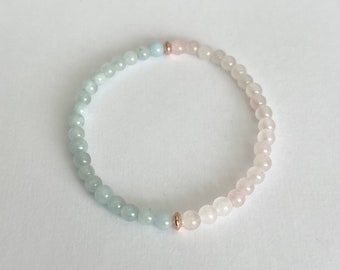 Dainty Aquamarine and Rose Quartz Stretch Bracelet with Mini Gemstones, Blue and Pink