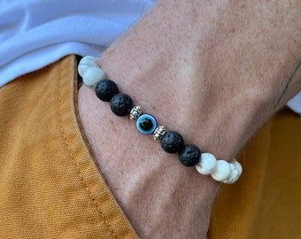 8mm White Howlite, Evil Eye and Lava Rock Gemstone Stretch Bracelet with Gold, Rose Gold, Silver or Stainless Steel, Gemstone Bracelet