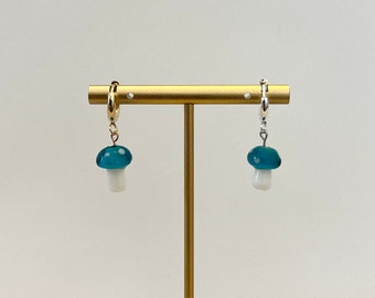 Blue Mushroom Huggie Hoop Earrings, Cottagecore Earrings, 24k Gold Plated or Silver Plated Surgical Steel, Cute Earrings for Summer
