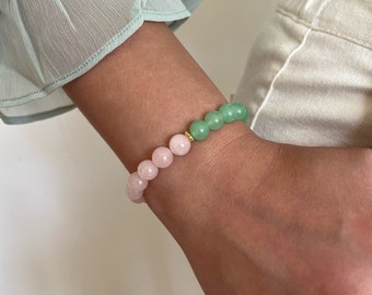 8mm Green Jade and Rose Quartz Gemstone Stretch Bracelet with Gold Accent Beads, Gold Daisies