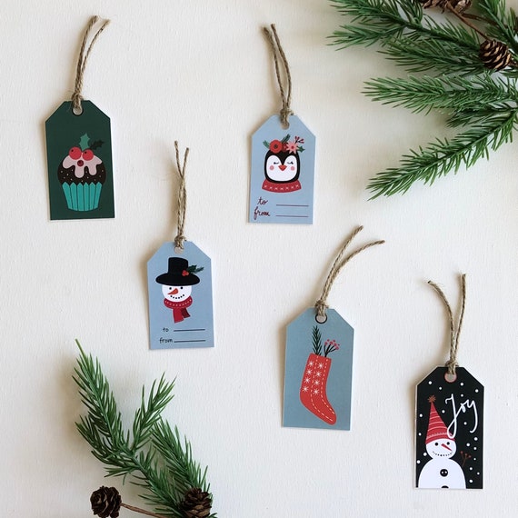 Set of 5 Christmas Tags. Laminated Name Tags for Christmas Presents, Gifts,  Stocking Stuffers. Tags With Snowman, Cupcake, Stocking, Penguin 