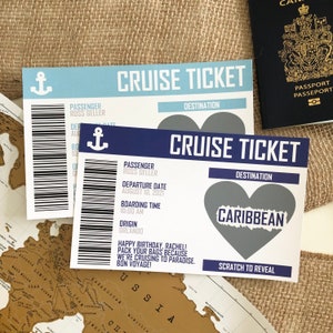 Custom Cruise Ticket in Blue, Boarding Pass for Cruise Ship, Boat, Surprise Holiday Scratch Off Card for Birthday, Anniversary, Engagement