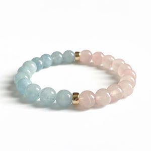 Pulsera elástica de aguamarina natural de 8 mm y cuarzo rosa con detalles dorados, cristal de grado AAA, pulsera apilable.