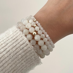 Natural White Moonstone Gemstone Stretch Bracelet with Round Gold Bead, Grade AAA Quality Crystal, Stacking Jewelry