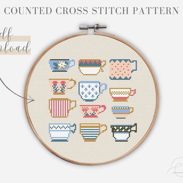 Teacup Sampler Easy Cross Stitch Pattern - Counted Cross Stitch Pattern - Modern Cross Stitch Pattern - Beginner Cross Stitch Pattern