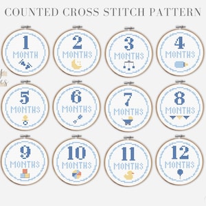 Blue Baby Milestones Easy Cross Stitch Pattern - Modèle de point de croix compté - Modèle de point de croix moderne - Modèle de point de croix pour chambre d'enfant