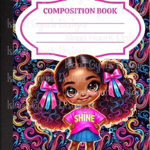 Peut inclure: Cahier de composition avec un fond à motifs tourbillonnants colorés. La couverture présente une fille de dessin animé portant un t-shirt rose avec le mot "SHINE" et une jupe bleue. Le haut du cahier porte l'inscription "COMPOSITION BOOK".