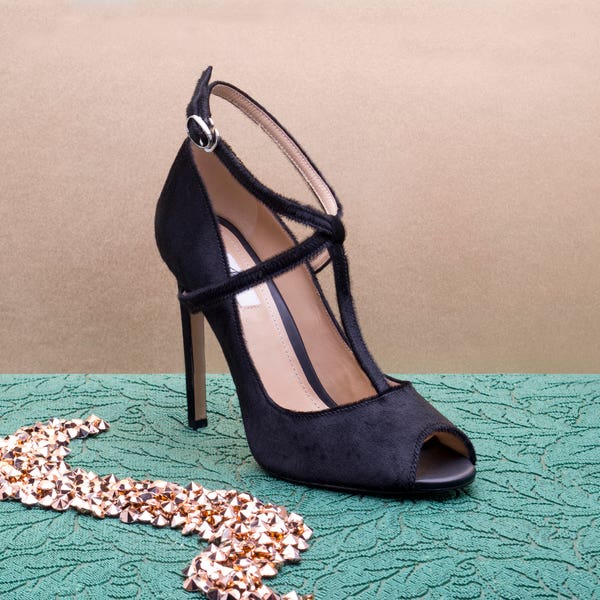 Black T-strap open toe pony hair pumps  or sandals