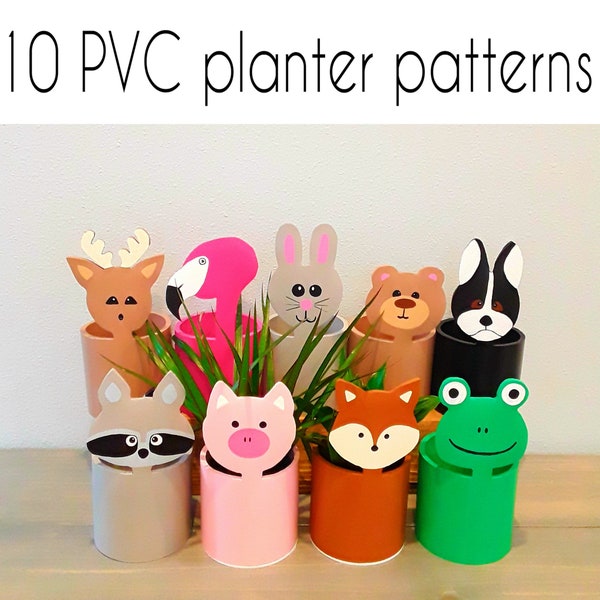 PDF Printable PVC Patterns | 10 PVC pipe pot/planter patterns | Digital Download | Bear, bunny, cat, dog, flamingo, fox, frog, pig, raccoon