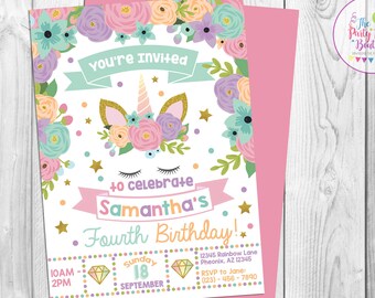 Floral Unicorn Invitation, Unicorn Party Invitation, Unicorn Birthday Invitation, Unicorn Printables, Digital Unicorn Invite, Floral Unicorn