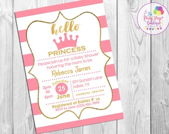 Baby Shower Invitation | Pink Baby Girl Invitation  | Hello Princess Crown Invitation | Mom to be Baby Shower | Pink and White