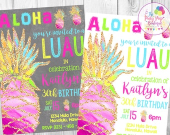 Pineapple Invitation, Luau Invitation, Hawaiian Luau Invite, Luau Birthday Party, Aloha Invitation, Tropical Party Invitation,