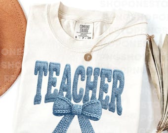 Coquette Teacher Crochet PNG, Knitted Bow Teacher Sublimation Design, Cute Faux Latch hook yarn Teacher PNG for Shirts