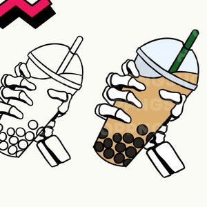 May include: A skeleton hand holding a clear plastic cup with a brown beverage and black tapioca pearls. The cup has a green straw.