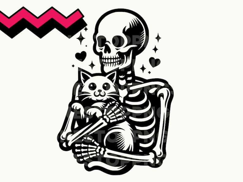 May include: A black and white illustration of a skeleton holding a white cat with big eyes. The skeleton is smiling and the cat is looking at the viewer. There are hearts and stars around them.
