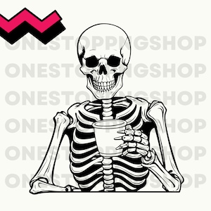 May include: A black and white illustration of a skeleton holding a white coffee cup. The skeleton is smiling and has a relaxed posture.