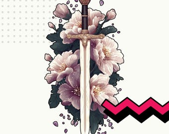 Purple floral sword png, flower sword dagger clip art, sword with flowers png, floral dagger png