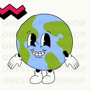 Op de afbeelding: Een cartoonillustratie van de aarde met een glimlachend gezicht, met witte handschoenen en schoenen. De aarde is blauw en groen met een witte achtergrond.