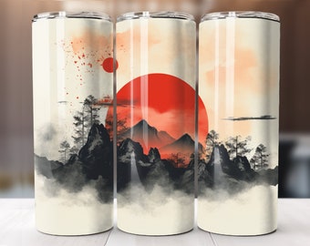 Japanese Ink Mountain 20oz Skinny Tumbler PNG, Japan Tumbler Sublimation Digital Download, Japan Mountain Tumbler Wrap