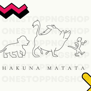 Może przedstawiać: Czarno-biała ilustracja liniowa przedstawiająca Simbę, Pumbę i Timona z Króla Lwa, z napisem "HAKUNA MATATA" poniżej. Projekt jest na kremowym tle z różowymi i żółtymi geometrycznymi akcentami.