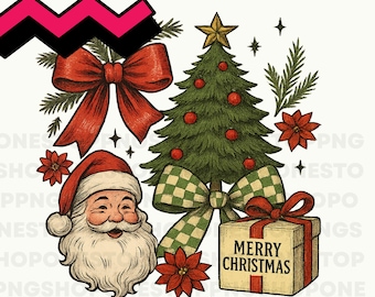 Vintage Christmas Coquette PNG, Santa Claus clipart, Christmas tree illustration, Merry Christmas gift design, holiday bow clipart