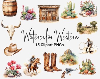 Watercolor Desert Clipart bundle, Watercolor Western Clipart bundle, Watercolor Cowboy Clipart PNGs, Western png bundle