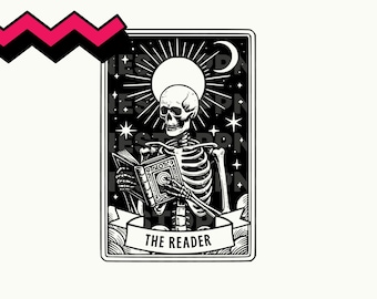 The Reader Tarot Card SVG, The Reader Tarot Card PNG, Book lover tarot card, Book addict png, bookish png, book clipart, skeleton reading
