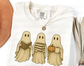 Ghosts reading books, spooky ghost PNG, Halloween book lover clipart, cute ghost coffee pumpkin design, fall ghost illustration