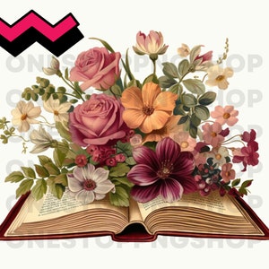 Vintage Floral Book Png, Book with flowers PNG, vintage book clipart, floral book clipart, vintage typewriter clipart, book lover png