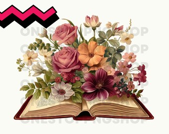 Vintage Floral Book Png, Book with flowers PNG, vintage book clipart, floral book clipart, vintage typewriter clipart, book lover png