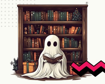 Ghost bookshelf png, Christmas ghost reading book shelf clipart, bookish png, ghost book clipart, reading ghost, christmas ghost, christmas
