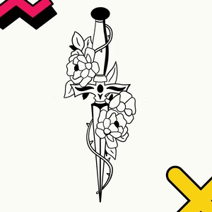 May include: A black and white line drawing of a dagger with flowers wrapped around it.