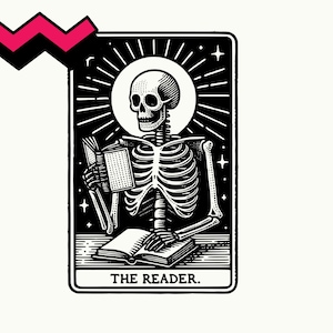 Die Leser-Tarot-Karte SVG, Die Leser-Tarot-Karte SVG, Die Leseratten-Tarot-Karte, die Buchliebhaber-Tarot-Karte, die Buch-Skelett-Lesung