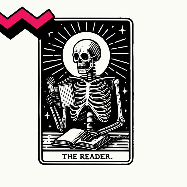 The Reader Tarot Card SVG, The Reader Tarot Card PNG, Book lover tarot card, Book addict png, bookish png, book clipart, skeleton reading