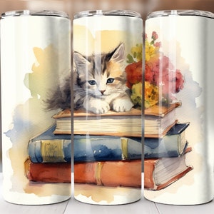 Kitten and Books 20oz Skinny Tumbler PNG, Floral Cat Pattern Tumbler Sublimation Design Digital Download, Cat Tumbler Wrap