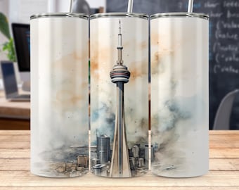 Envoltura para vaso de sublimación de acuarela de Toronto, envoltura para vaso de la Torre CN, diseño de sublimación de Toronto, envoltura para vaso de Canadá, png canadiense