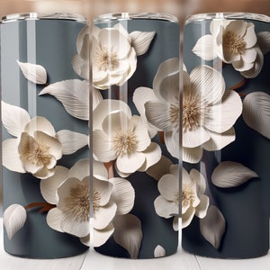 3D witte bloemen 20oz mager Tumbler PNG, 3D blauwe bloemdessin digitale download, papier 3D bloemen Tumbler Wrap