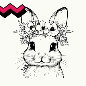 May include: A black and white line drawing of a rabbit wearing a flower crown. The rabbit has large eyes and a sweet expression.