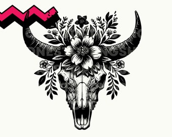 Floral Longhorn Skull SVG, Cow Skull Svg Download, horn Skull Svg, Horn Skull png, Desert Cow Skull jpg, Western Bull Skull head skull