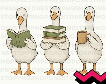 Goose reading books PNG, cute goose clipart, book lover goose illustration, coffee goose design, cozy goose digital art, reading goose PNG