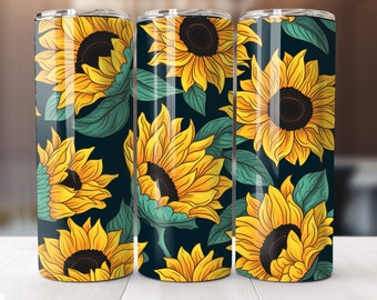 May include: Three stainless steel tumblers with a dark blue background and a repeating pattern of yellow sunflowers with green leaves.