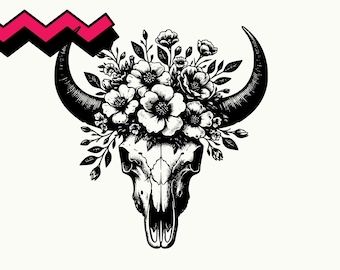 Floral Longhorn Skull SVG, Cow Skull Svg Download, horn Skull Svg, Horn Skull png, Desert Cow Skull jpg, Western Bull Skull head skull
