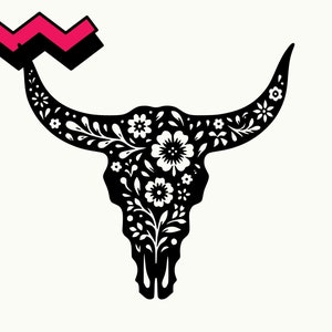 Floral Longhorn tête de mort SVG, téléchargement de SVG tête de mort vache, corne tête de mort Svg, corne tête de mort png, tête de mort vache du désert jpg, crâne de tête de taureau Western