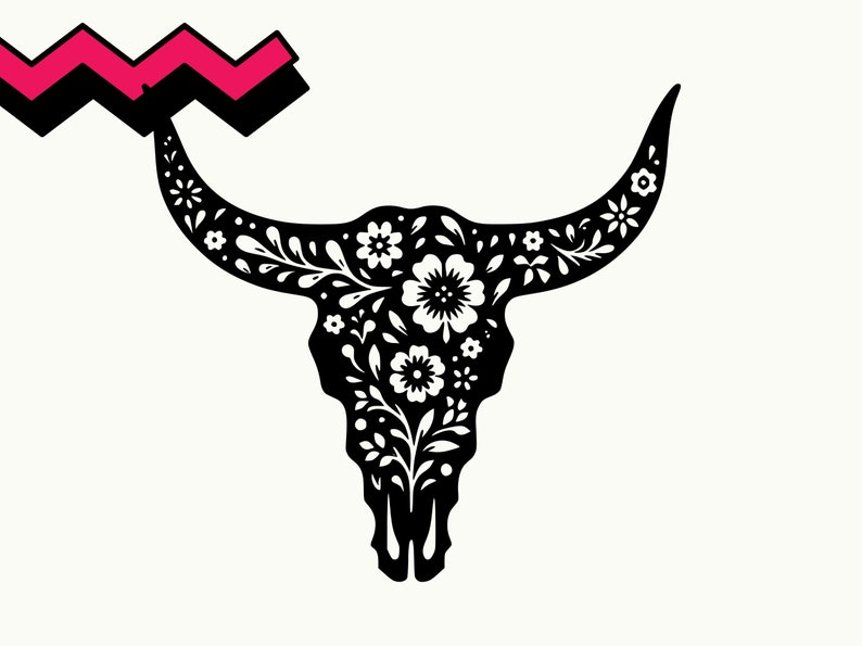 May include: Black silhouette of a bull skull with white floral details. The skull is decorated with a pattern of flowers and leaves.