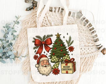 Vintage Christmas Coquette PNG, Santa Claus clipart, Christmas tree illustration, Merry Christmas gift design, holiday bow clipart